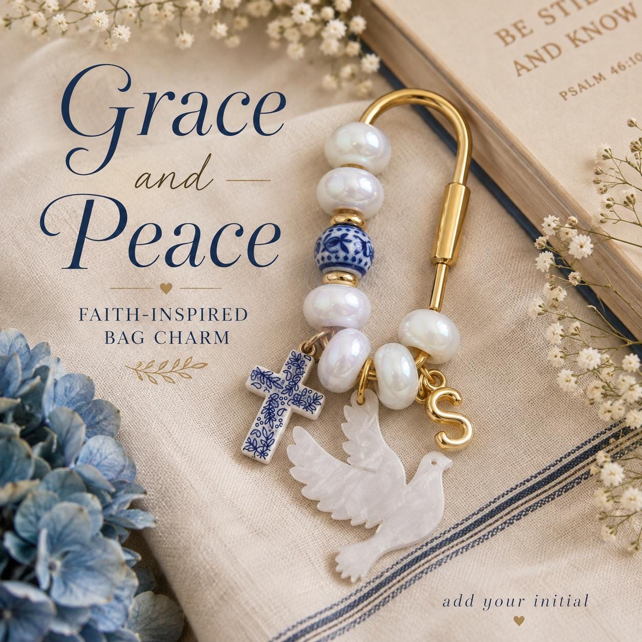 Personalized Grace and Peace Bag Charm, Cross and Dove, Initial Keychain (Faith Gift)