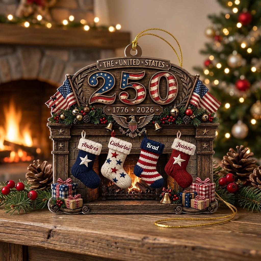 USA 250th Anniversary Fireplace & Stockings, Personalized 2D Flat America 250th Anniversary Christmas Gift for Family, Custom Family Name