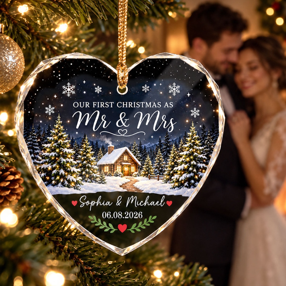 Our First Christmas as Mr Mrs Winter Cabin House, Personalized Glass Ornament, First Christmas Married Ornament for Couple