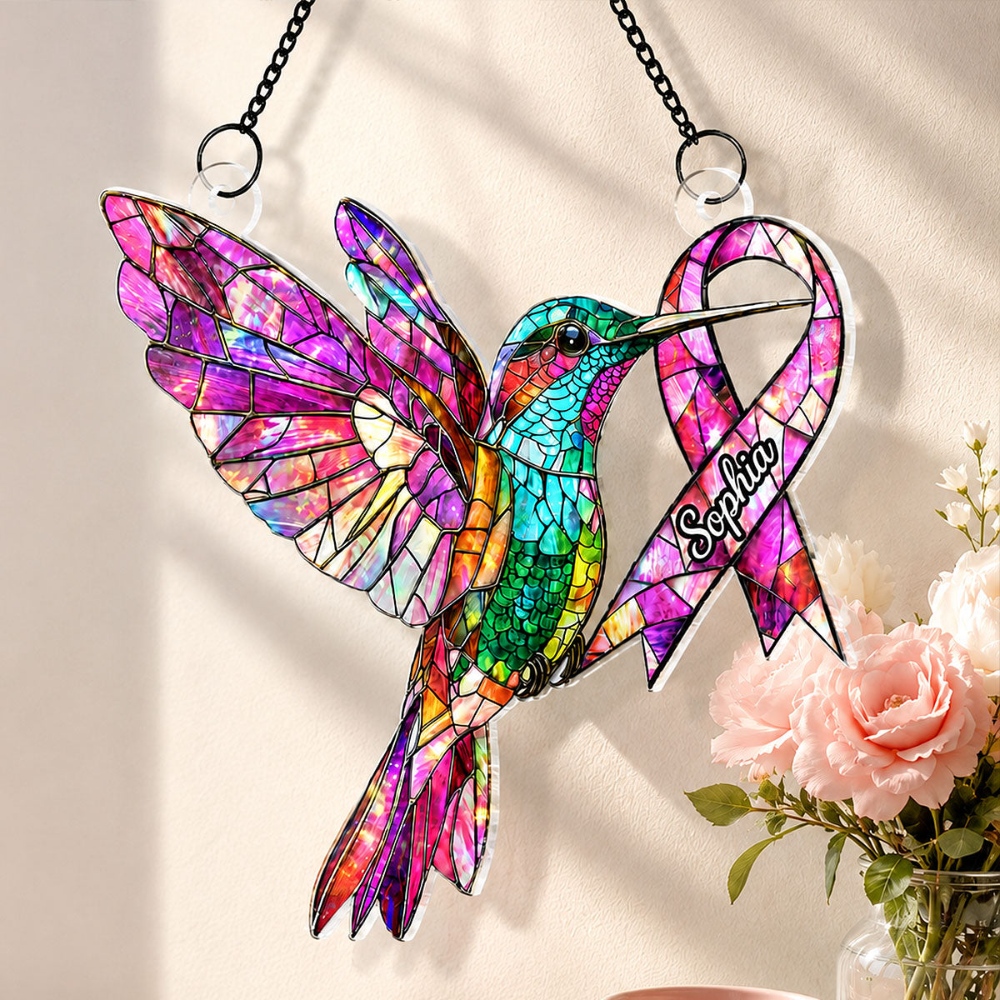 Hummingbird Pink Ribbon Custom Name, Personalized Acrylic Window Hanger, Breast Cancer Awareness Gift