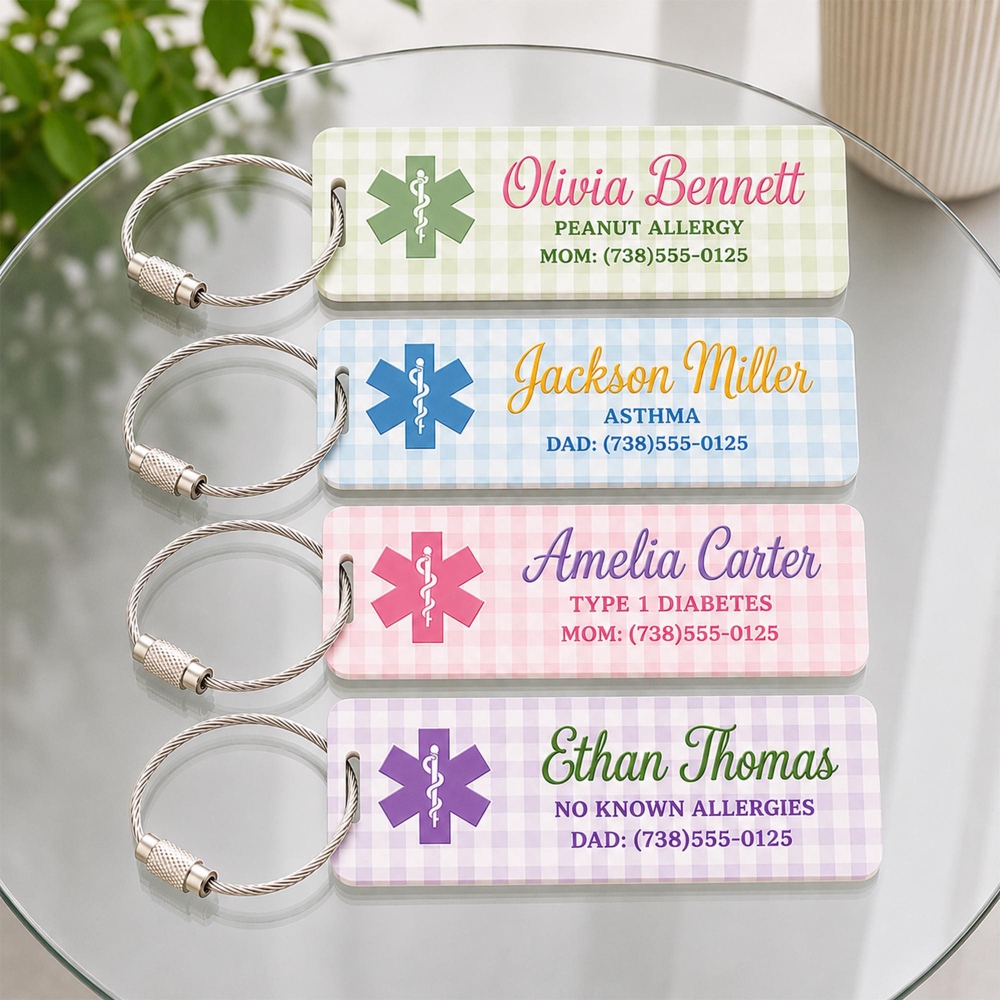 Personalized Emergency Medical Alert Card Keychain, Allergy Alert Acrylic Card, Medical ID Luggage Tag, Emergency Contact Bag Tag, Allergy ID Tag