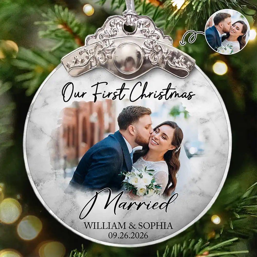 Personalized Photo First Christmas as Mr & Mrs Couples, Personalized Glass Ornament with Silver Cap