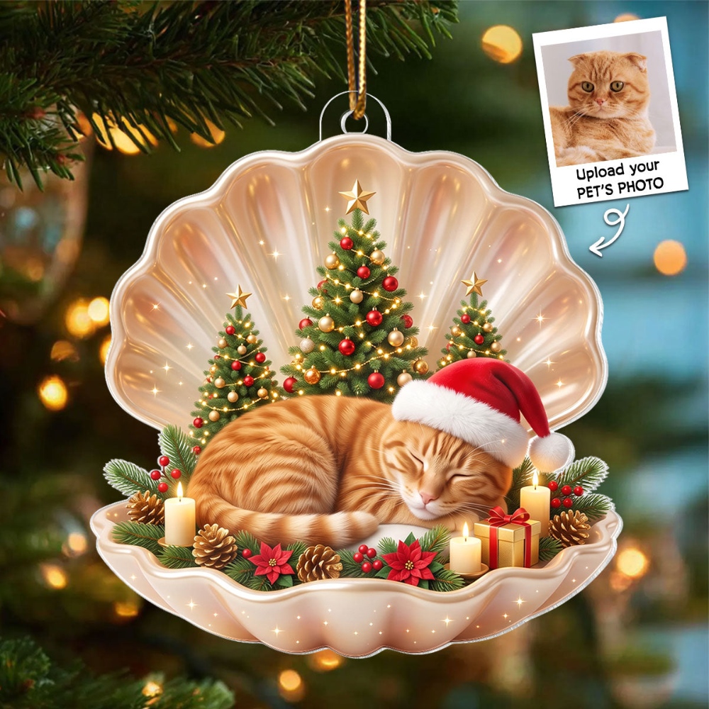 Dog Cat Sleeping in Pearl Shell, Personalized Acrylic Ornament, Christmas Gift for Pet Lovers