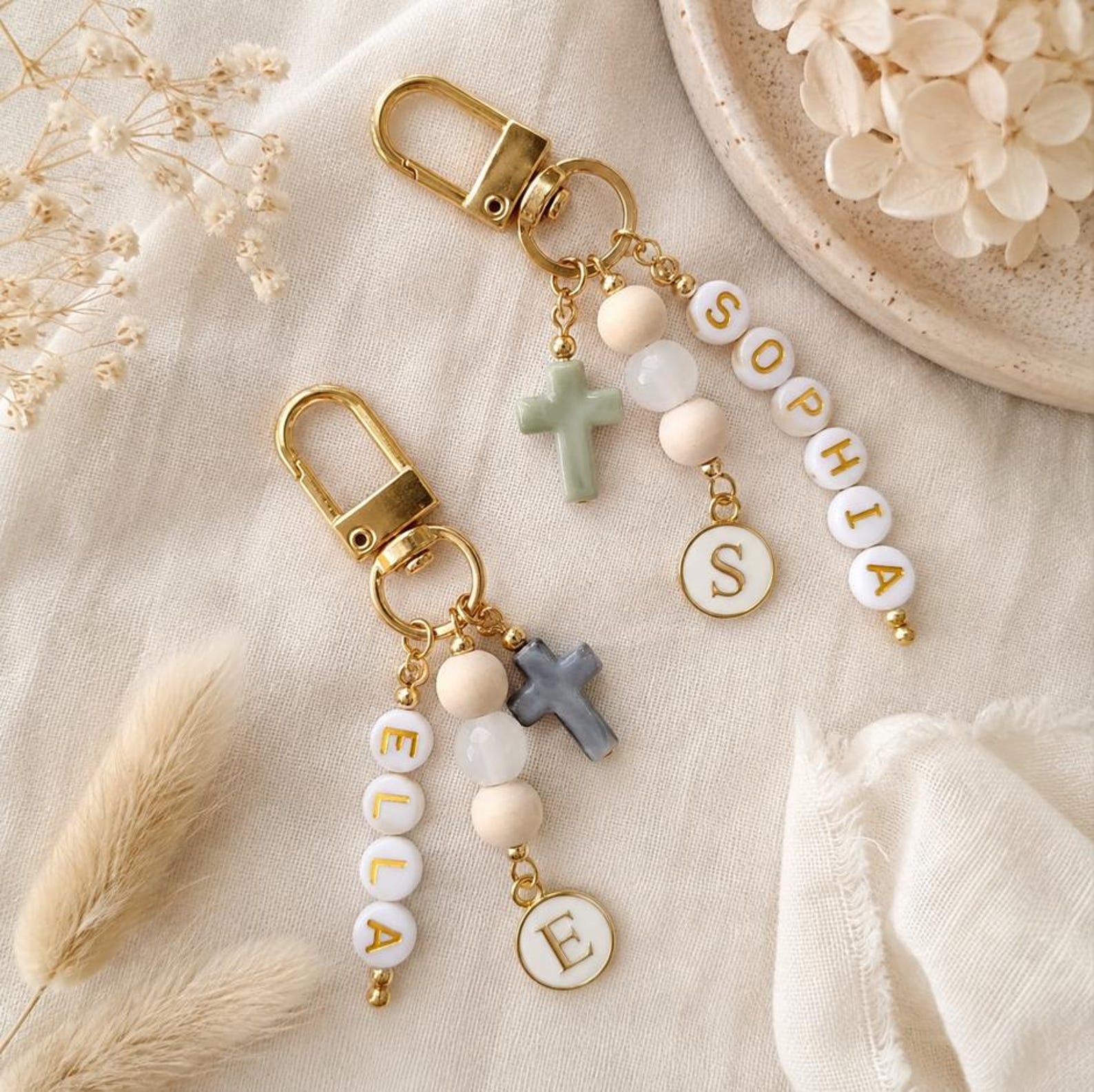 Personalized Cross Keychain, Custom Initial Charm, Baptism Favor Gift, Religious Bag Charm Keepsake