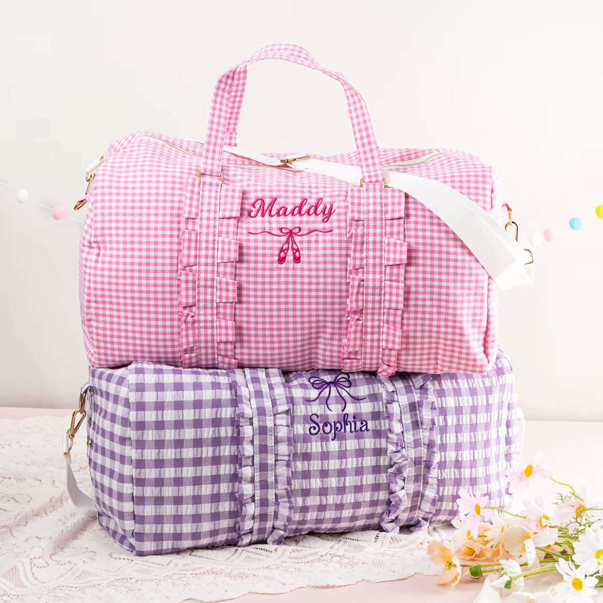 Personalized Little Girls Dance Duffle Bag, Seersucker Travel Bag, Embroidery Name Gift for Baby Kids Toddler