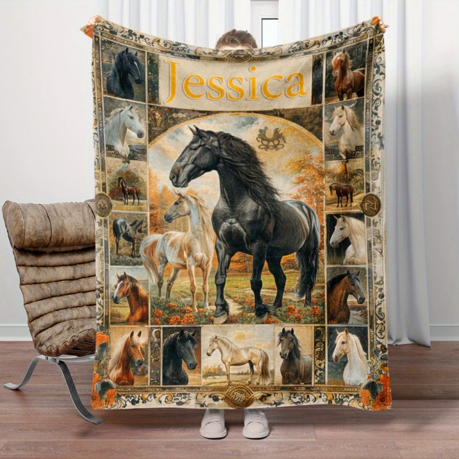 Personalized Vintage Horse Collage Blanket with Name, Flannel/Sherpa Throw for Bed Couch, Room Decor, Birthday/Holiday Gift for Horse Lovers/Women