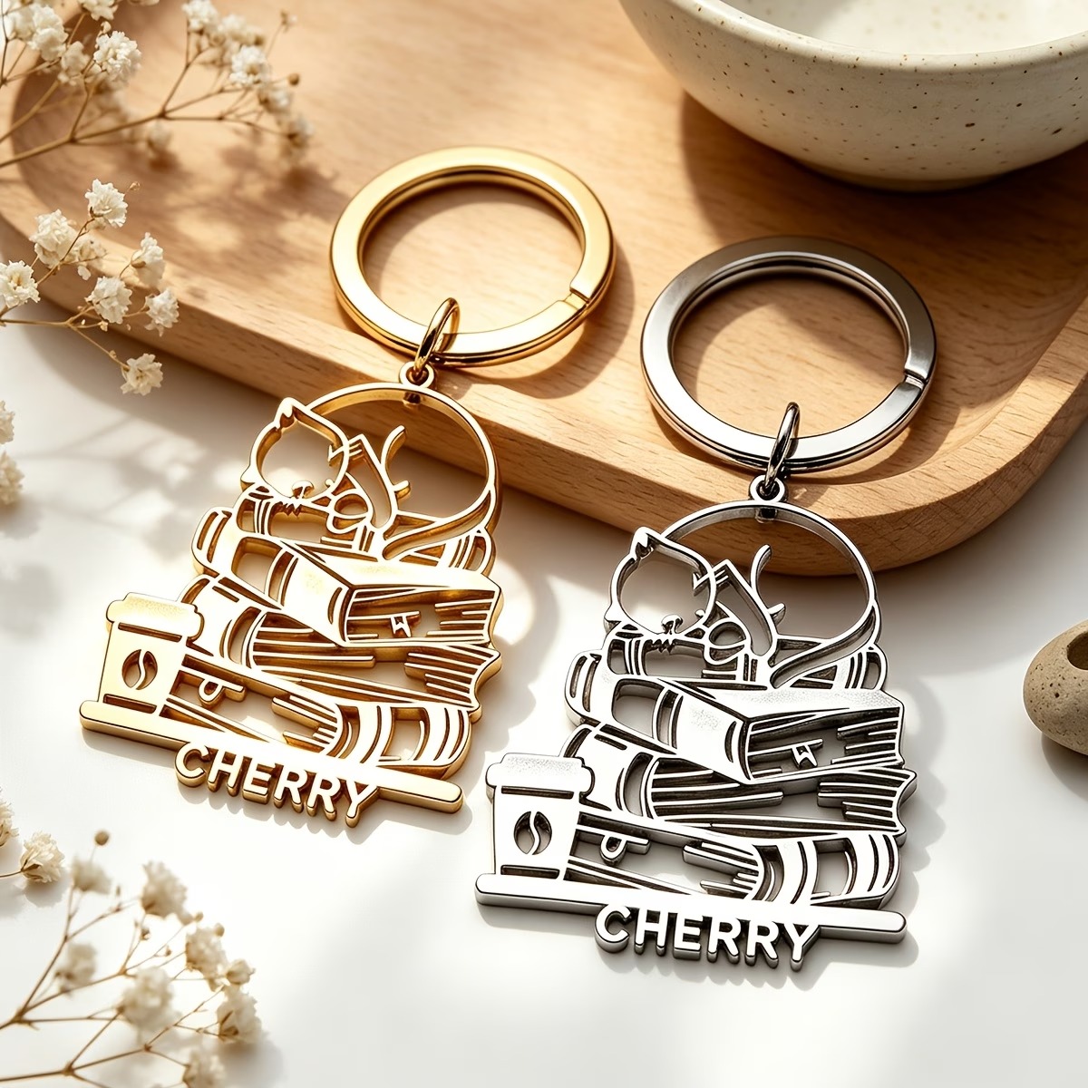 Personalized Cat Book Coffee Keychain, Custom Name Engraved Metal Keyring Gift for Book Lovers, Cat Owners & Coffee Enthusiasts