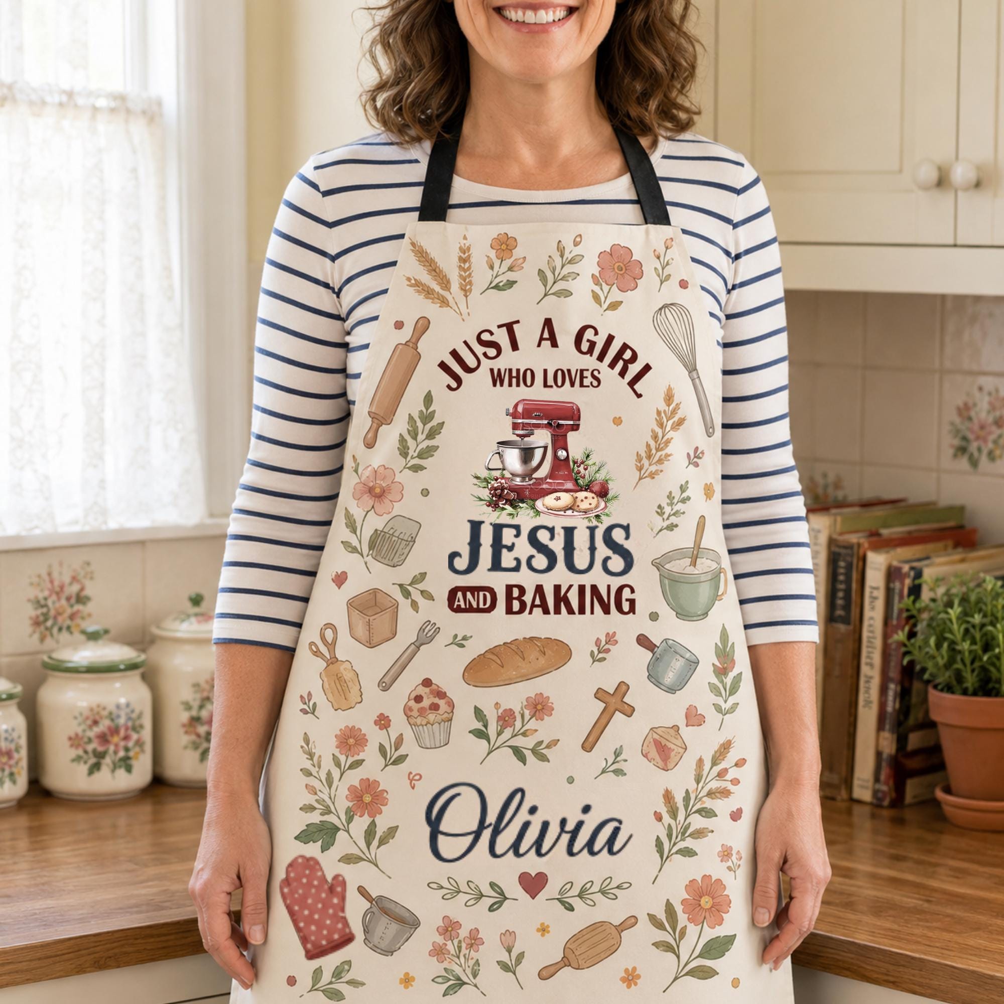 Personalized Just A Girl Who Loves Jesus and Baking Apron No Pocket, Custom Name Christian Baker Apron, Gift for Christian Woman Baker