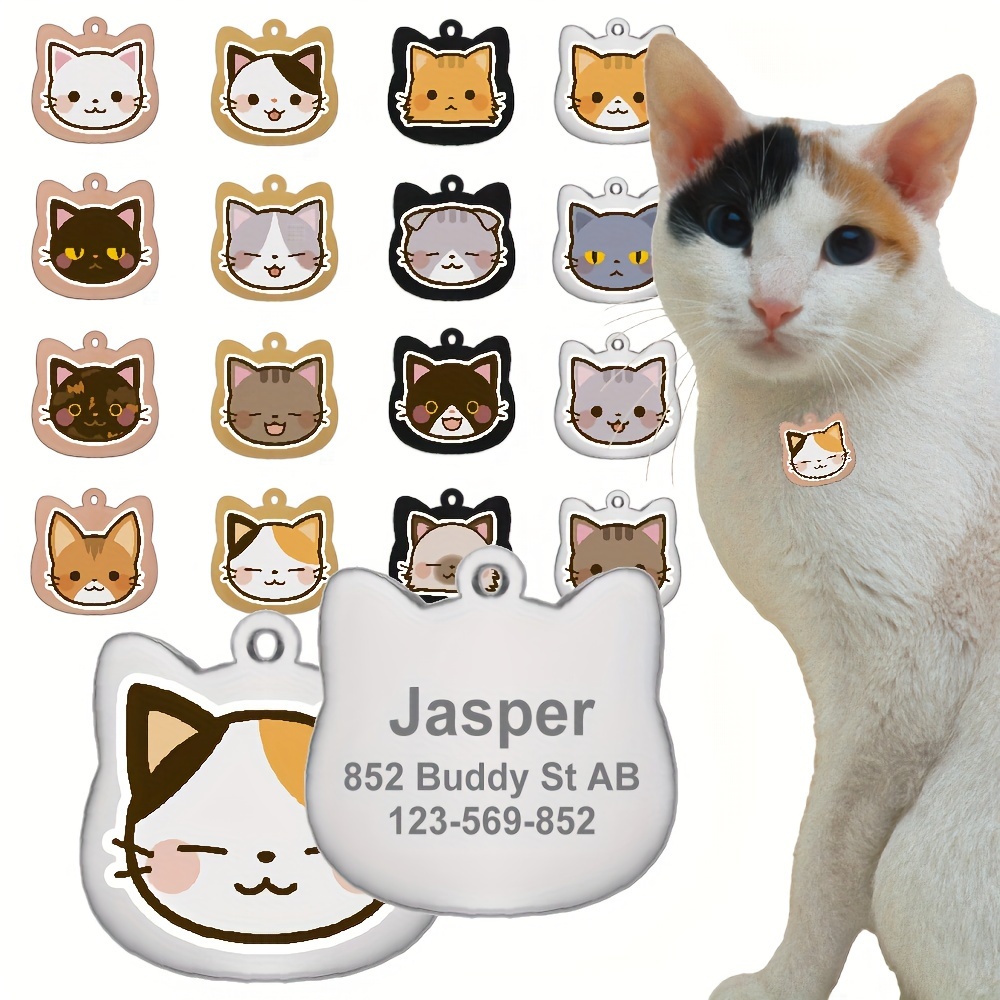 Personalized Cat Face Pet ID Tag, Custom Stainless Steel Name & Phone Number, Durable & Stylish Collar Accessory for Cats, 16 Unique Designs
