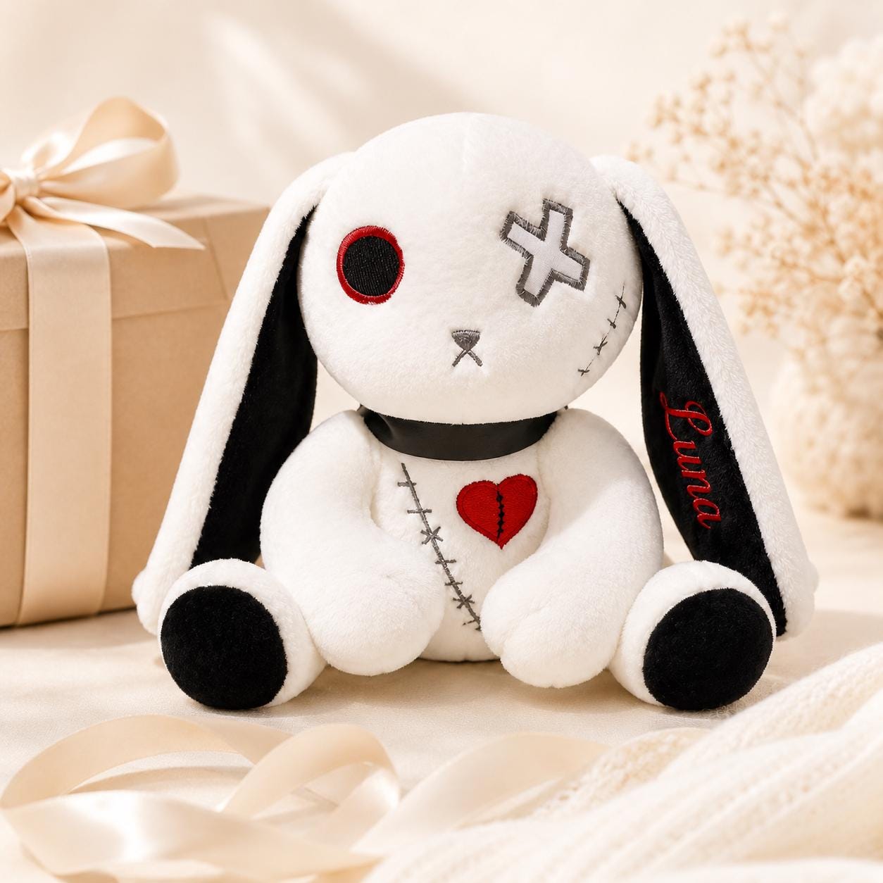 Personalized Creepy Cute Bunny Plush, Custom Name Gothic Rabbit, Embroidered Ear Stuffed Animal, Spooky Season Gift, Alternative Keepsake