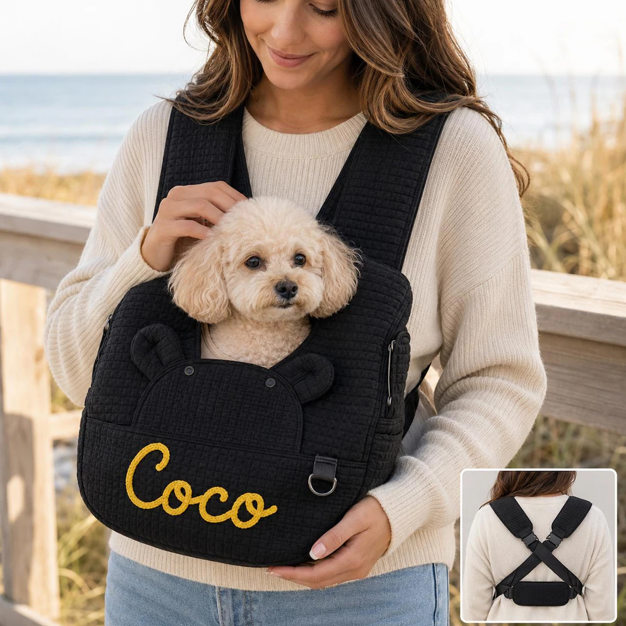 Personalized Name Quilted Pet Carrier Bag, Small Dog Cat Travel Sling, Gift for Pet Lover