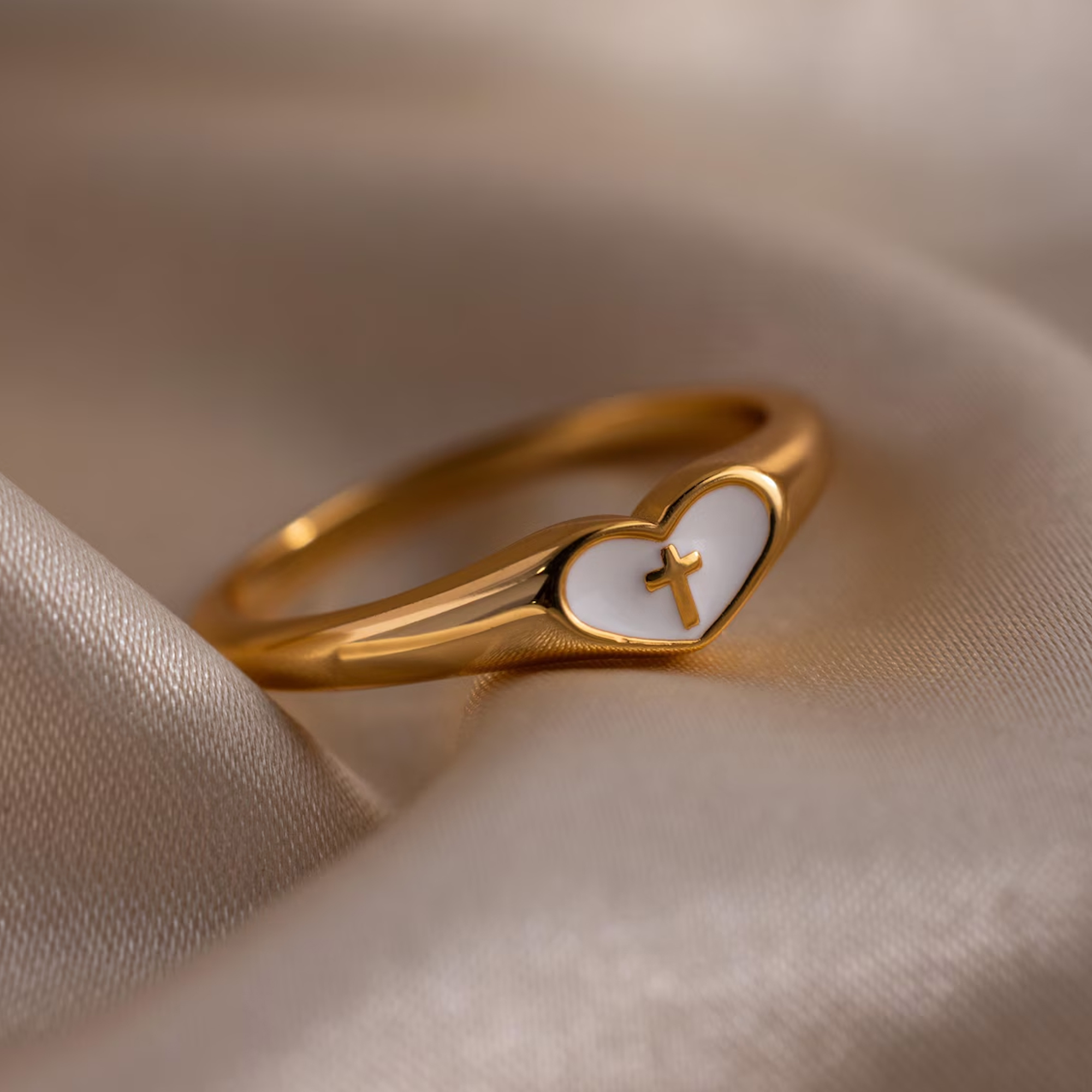 Personalised Heart Cross Ring, Enamel Signet Ring, Minimal Gold Cross Band, Christian Jewelry, Gift For Her