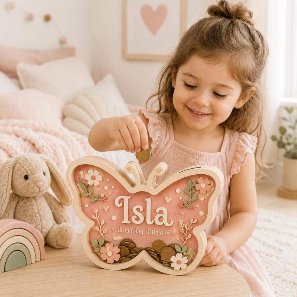 Personalized Butterfly Piggy Bank, Custom Wooden Piggy Bank for Girl, Floral Nursery Decor, Unique Kids Money Box, First Birthda