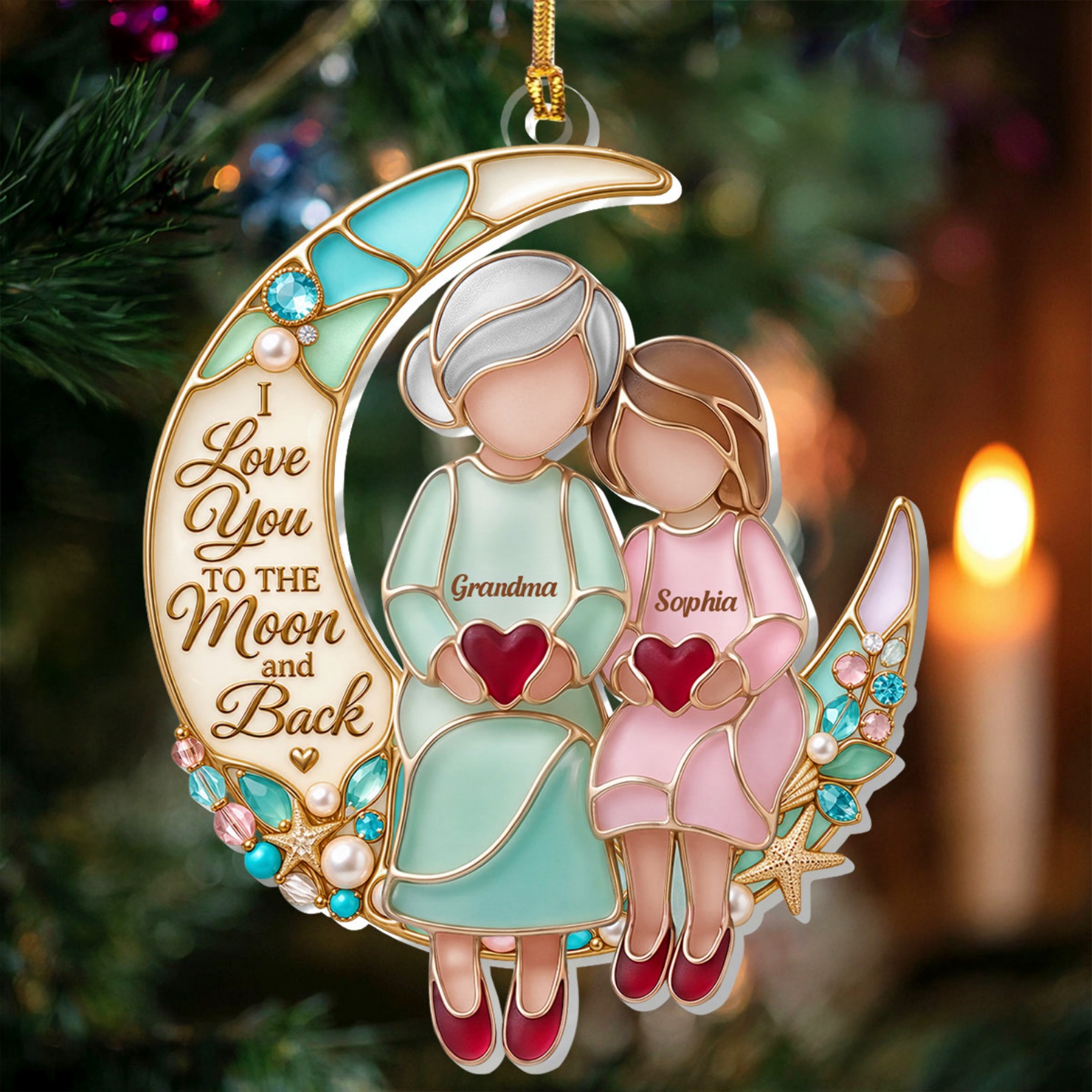 Personalized Grandma & Granddaughter Ornament, I Love You to The Moon and Back Sea Glass Style Acrylic Keepsake