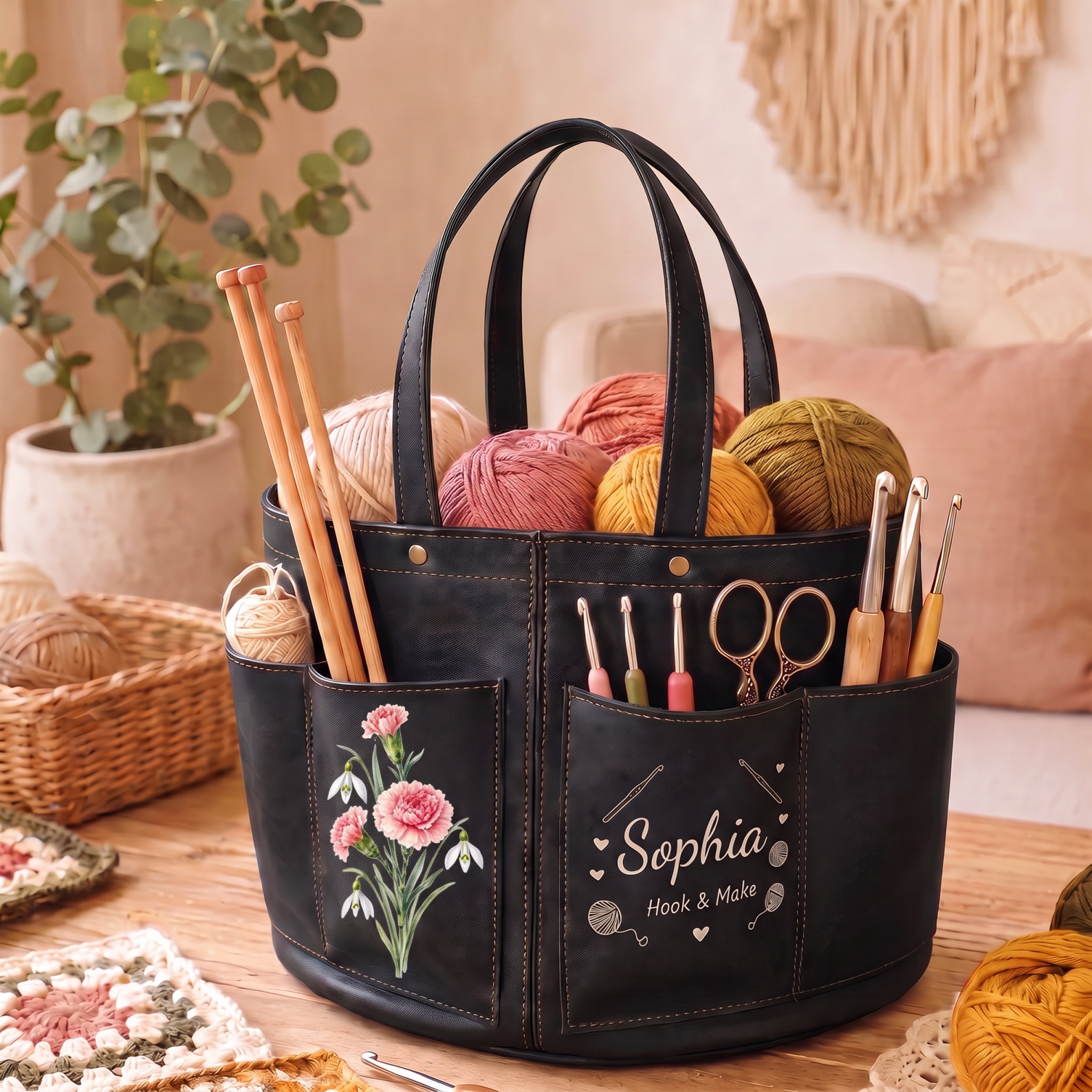 Genuine Leather Knitting Yarn Storage Basket, Birthflower Crochet Craft Organizer Bucket, Gift for Knitting Lovers