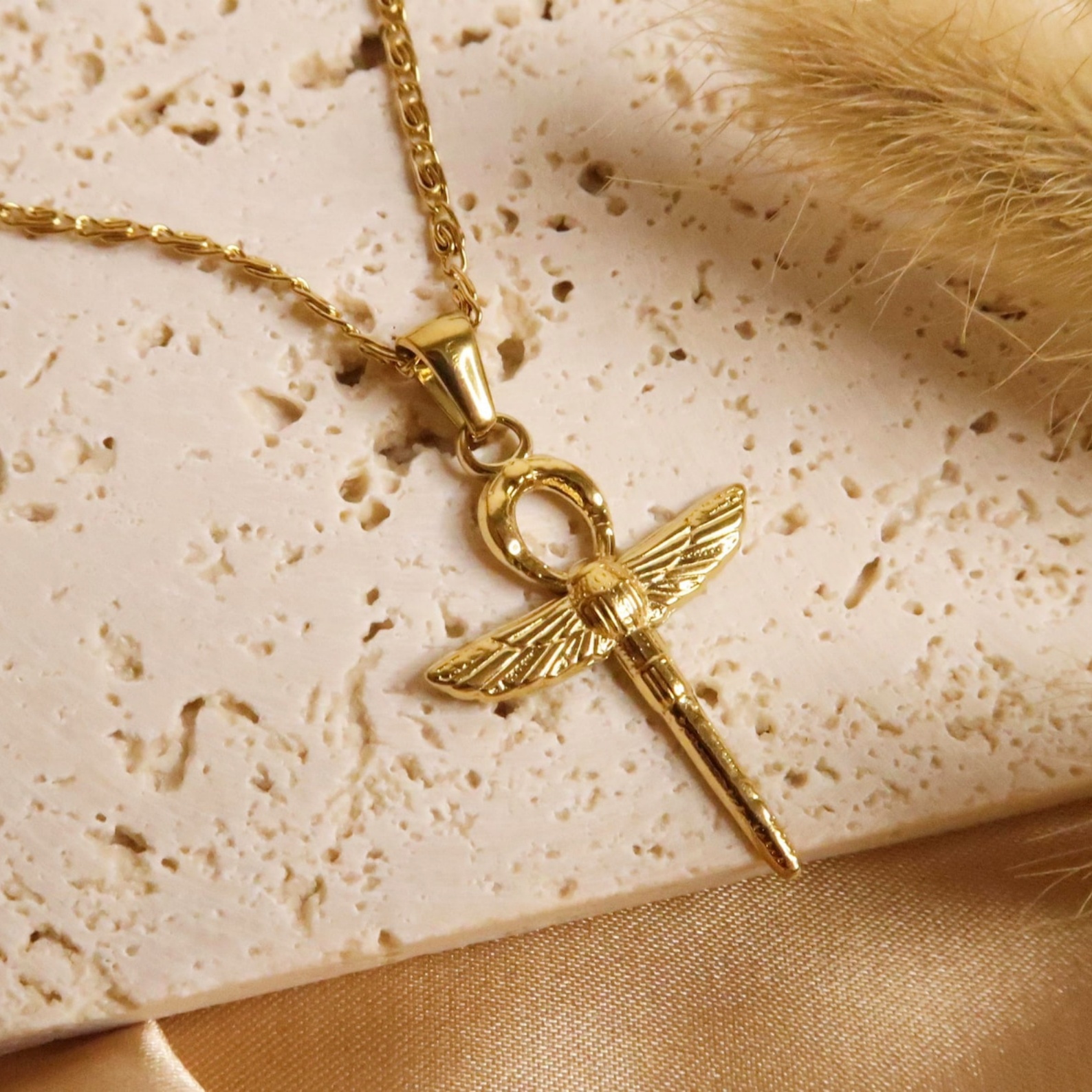 ANUKET Necklace, Egyptian Ankh Cross Dragonfly Pendant, Symbolic Unisex Talisman Jewelry