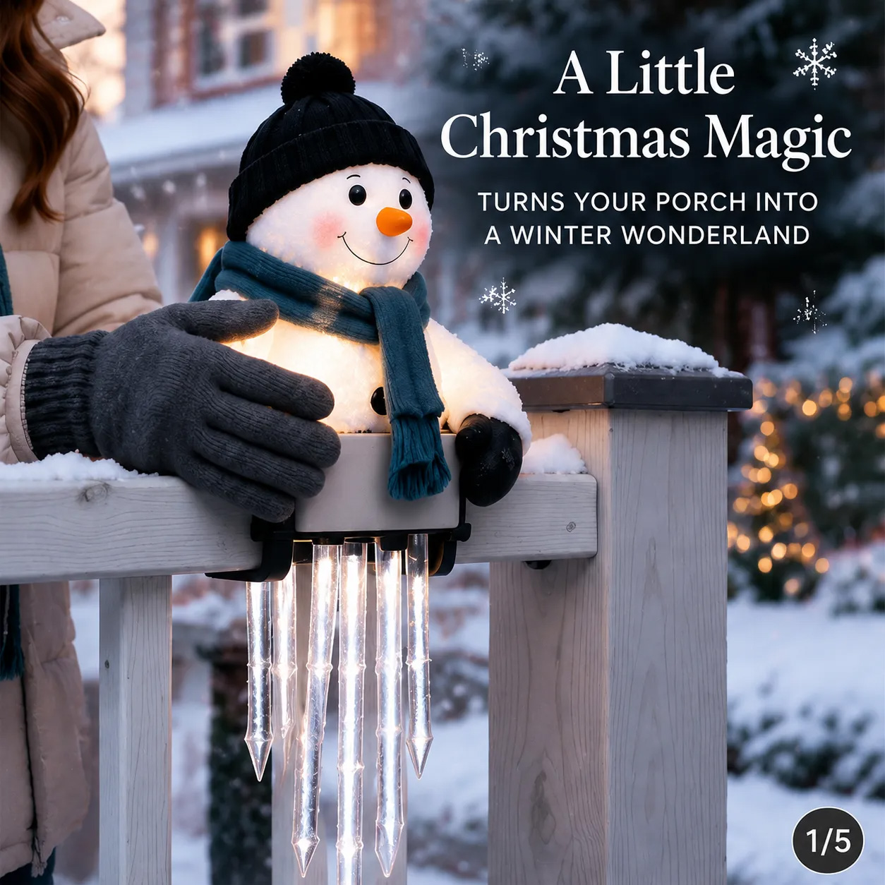 Christmas Snowman Porch Railing Decoration with Hanging Icicle LED Lights, Light Up Outdoor Holiday Fence Decor