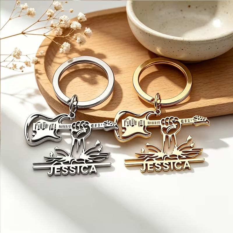 Personalized Guitar Player Keychain, Custom Name Rock Guitar Keyring, Gift for Guitarist and Music Lover