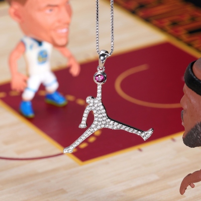 Personalized Flying Basketball Necklace with Birthstone In silver