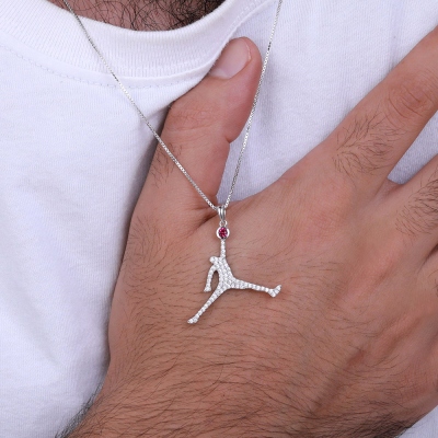 Personalized Flying Basketball Necklace with Birthstone In silver