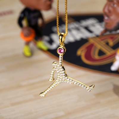 Personalized Flying Basketball Necklace with Birthstone In Gold