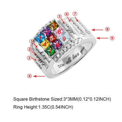 Personalized 1-9 Square Birthstone Ring with Engraving in Silver