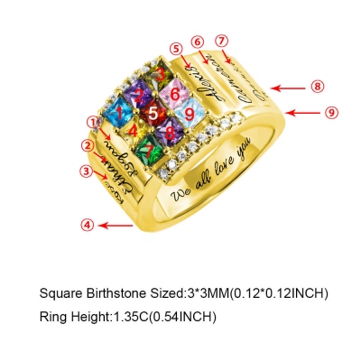Personalized 1-9 Square Birthstone Ring with Engraving in Gold