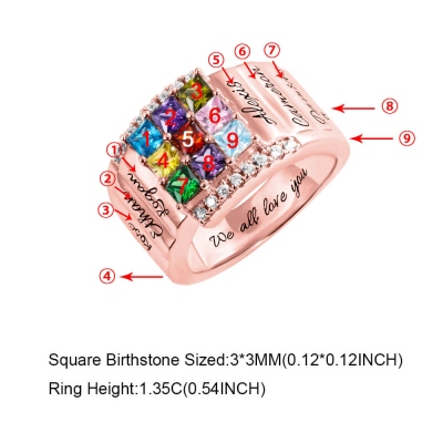 Personalized 1-9 Square Birthstone Ring with Engraving in Rose Gold