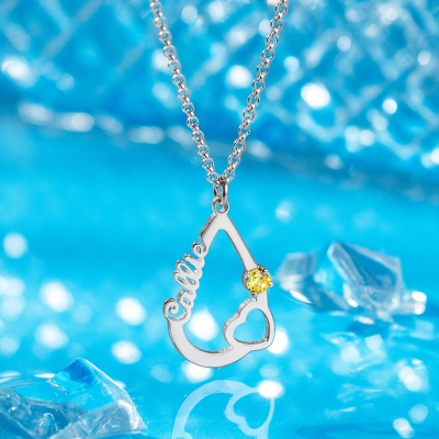 Personalized Heart & Birthstone Water Drop Necklace in Silver