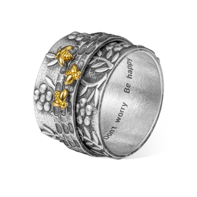Personalized Bee Fidget Ring, Sterling Silver 925/Brass Spinner Ring, Floral Flower Ring, Meditation Spinning Wide Band, Anxiety Worry Fidget Ring