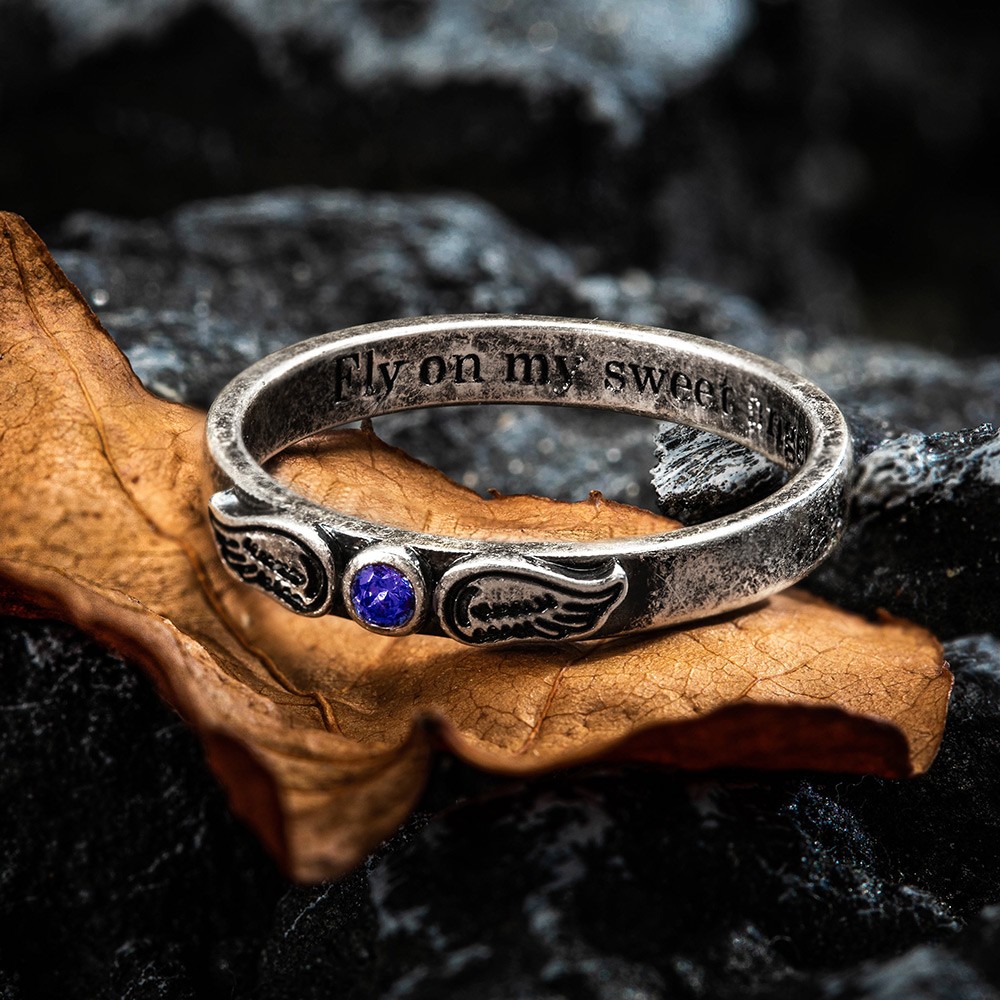 Custom Angel Wings Ring with Birthstone, Personalization Minimalist Jewelry Memory Ring, Brass Handmade Ring Mother's Day Gift