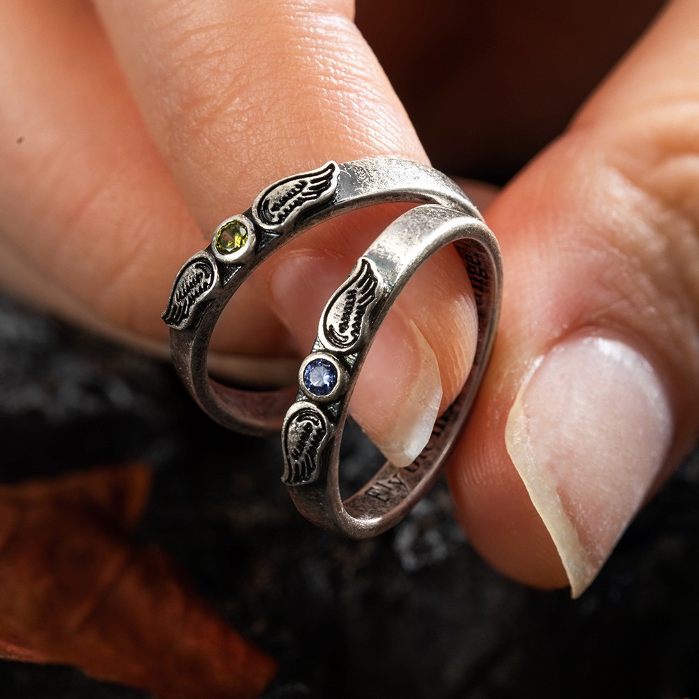 Custom Angel Wings Ring with Birthstone, Personalization Minimalist Jewelry Memory Ring, Brass Handmade Ring Mother's Day Gift