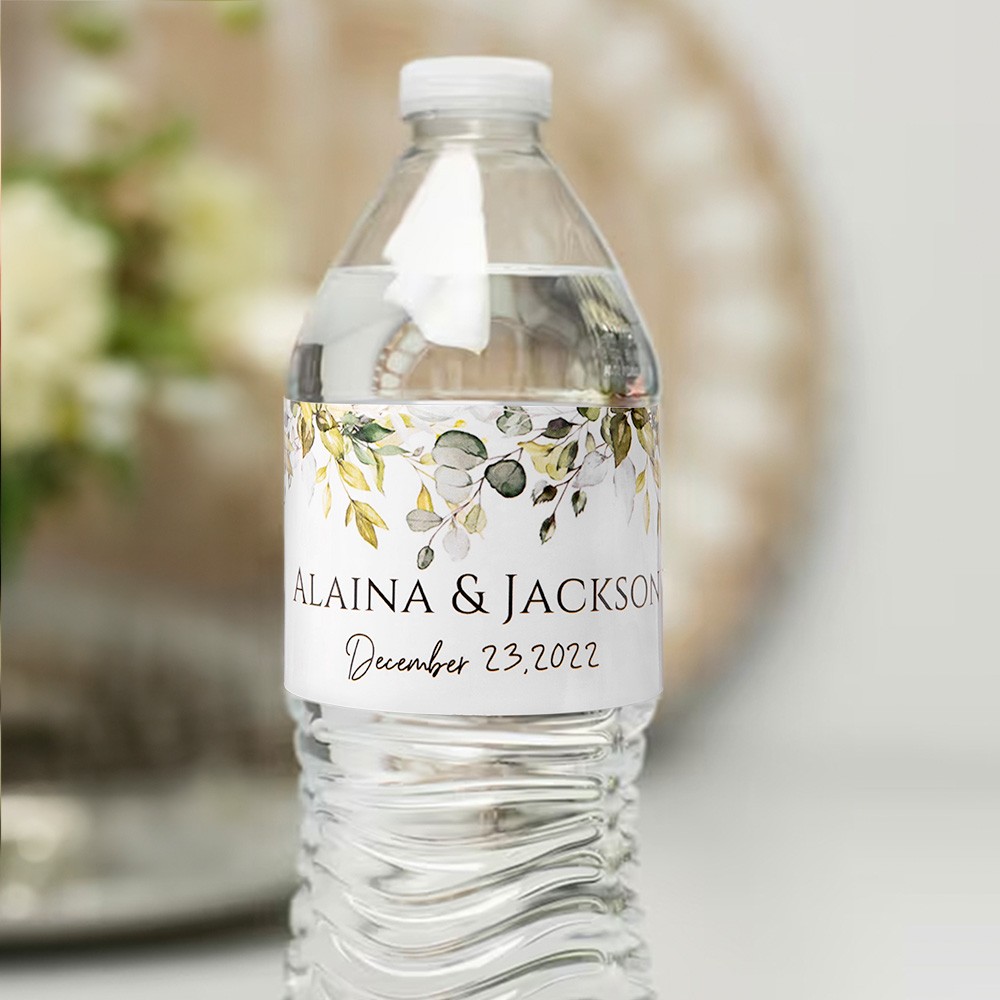 Custom Name&Date Modern Greenery Wedding Water Bottle Label, Set of 30pcs, Engagement/Bridal Shower Party, Wedding Birthday Gift