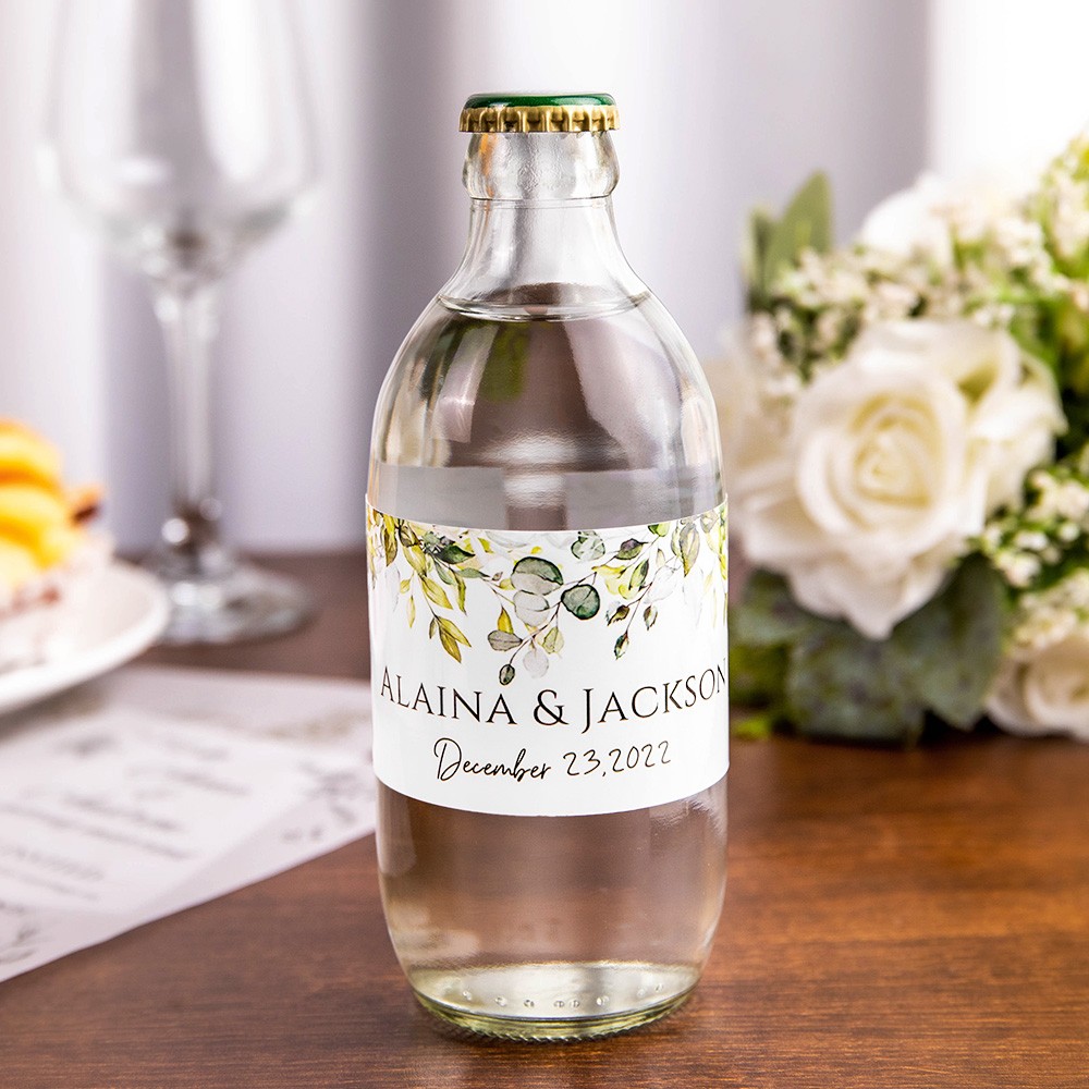 Custom Name&Date Modern Greenery Wedding Water Bottle Label, Set of 30pcs, Engagement/Bridal Shower Party, Wedding Birthday Gift