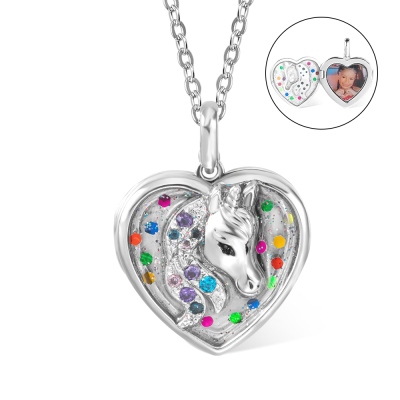 Custom Photo Unicorn Rhinestone Heart Locket Necklace, 3D Unicorn Locket Pendant Lucky Necklace, Christmas/Birthday/Children's Day Gift for Girls