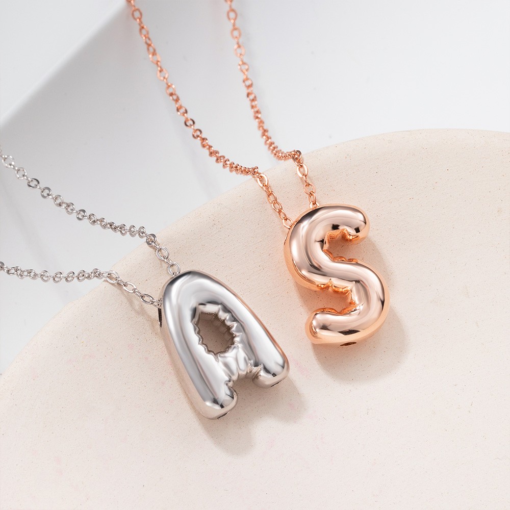 Custom Balloon Letter Necklace with Beaded Satellite Chain, Personalized Bubble Initial Pendant Necklace, Custom Puff Letter Jewelry, Gift for Her