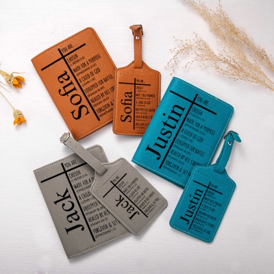 Custom Name Cross Bible Verses Passport Holder Set, Leather Passport Cover & Luggage Tag, Men's Travel Accessories, Christian Gift for Him/Dad/Pastors