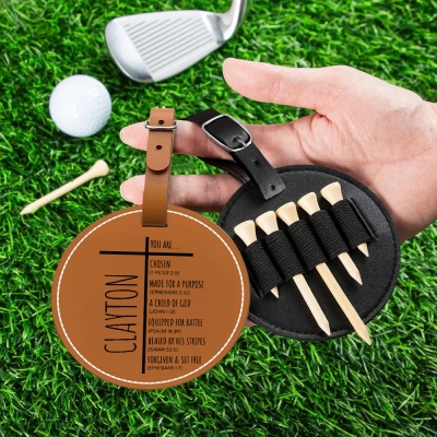 Personalized Name Cross Bible Verses Golf Tee Holder, Men's Leather Golf Bag Tag, Golf Accessories, Birthday/Father's Day Gift for Him/Dad/Golf Lovers