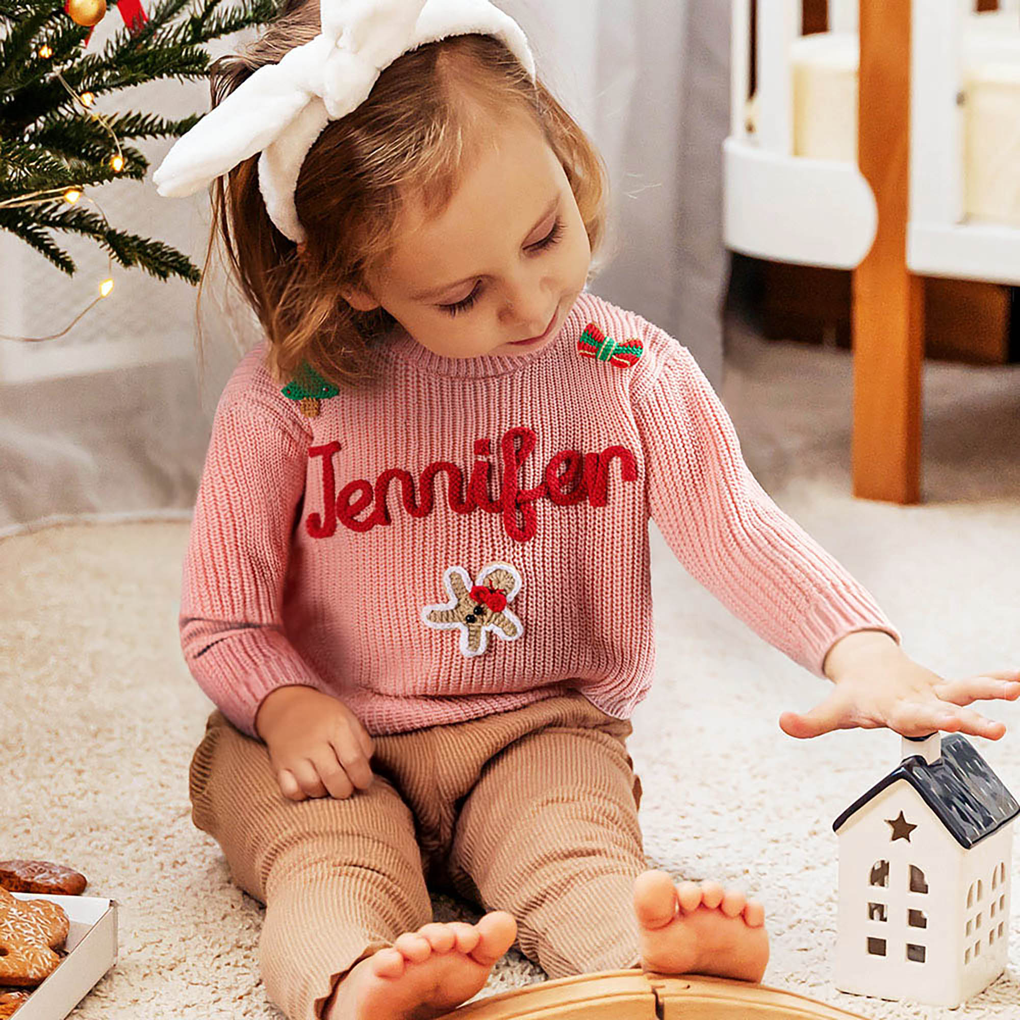 Personalized Name Embroidered Christmas Baby Sweater with Doll