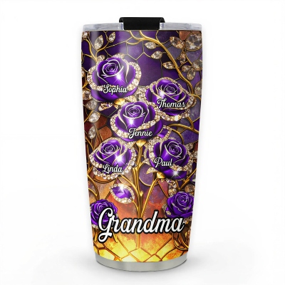 Personlig 3D-effekt rosblommande dricksglas med 1-10 namn, rostfritt stål 350 ml vattenflaska, daglig användning, födelsedagspresent till mamma/mormor/familj