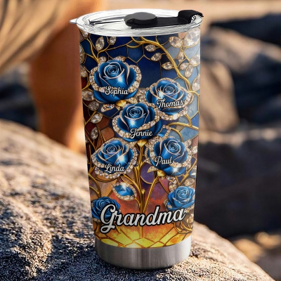 Personlig 3D-effekt rosblommande dricksglas med 1-10 namn, rostfritt stål 350 ml vattenflaska, daglig användning, födelsedagspresent till mamma/mormor/familj