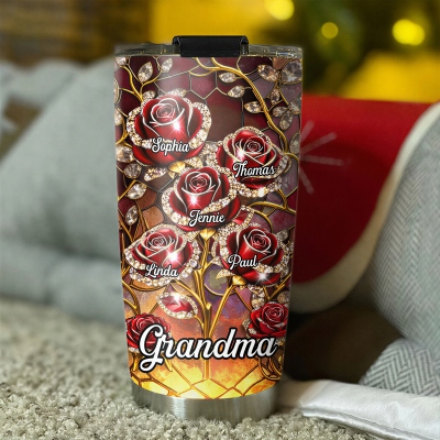 Personlig 3D-effekt rosblommande dricksglas med 1-10 namn, rostfritt stål 350 ml vattenflaska, daglig användning, födelsedagspresent till mamma/mormor/familj