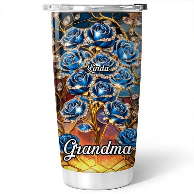 Personlig 3D-effekt rosblommande dricksglas med 1-10 namn, rostfritt stål 350 ml vattenflaska, daglig användning, födelsedagspresent till mamma/mormor/familj
