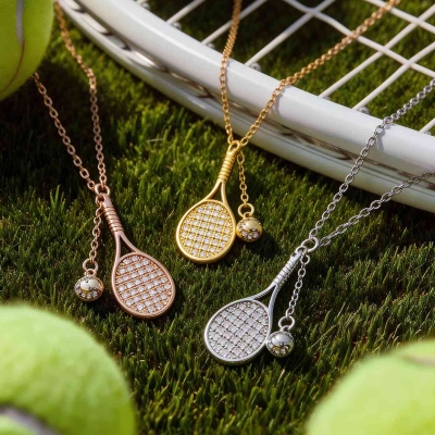 Tennis Racket & Ball Necklace, Sterling Silver 925 Crystal Pendant Jewelry, Sport-Themed Charm for Women, Birthday Gift for Tennis Lovers/Players