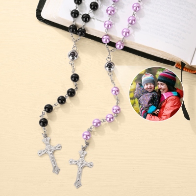 Personalized Photo Projection Crucifix Rosary Beaded Necklace, Dainty Religious Jewelry, Baptism/Christmas/Memorial Gift for Christians/Catholics