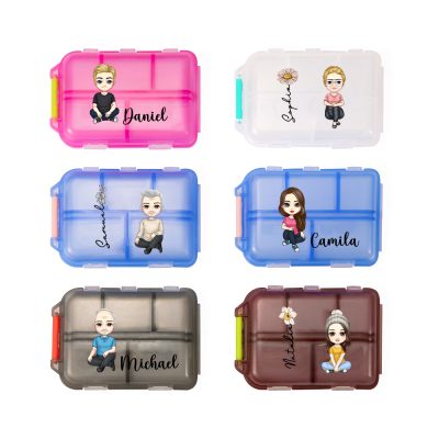 Custom Cartoon Character Portable Pill Box with Name Birth Flower, Pill Organizer with Medication Labels & 10 Compartments, Gift for Family/Friends