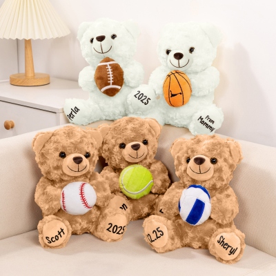 Personalized Name Sports Teddy Bear Stuffed Animal, Plush Bear Holding Baseball/Softball/Volleyball/Rugby/Basketball, Gift for Kids/Sports Lovers