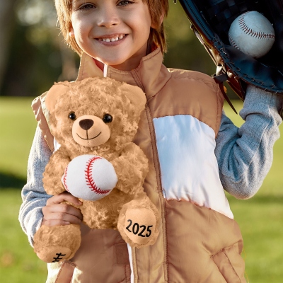 Personalized Name Sports Teddy Bear Stuffed Animal, Plush Bear Holding Baseball/Softball/Volleyball/Rugby/Basketball, Gift for Kids/Sports Lovers