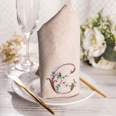 Custom Floral Letter Embroidered Linen Napkin, Personalized Embroidered Monogrammed Dinner Napkin, Mother's Day/Wedding/Cocktail Party Gift
