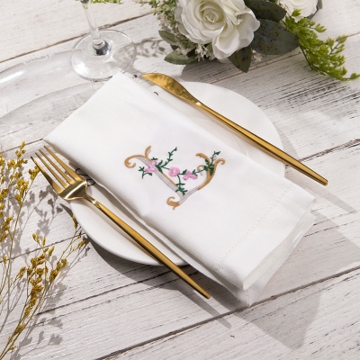 Custom Floral Letter Embroidered Linen Napkin, Personalized Embroidered Monogrammed Dinner Napkin, Mother's Day/Wedding/Cocktail Party Gift